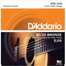 Muta corde chitarra acustica D'ADDARIO EJ10  exstra light 010 -047  Bronze 80/20
